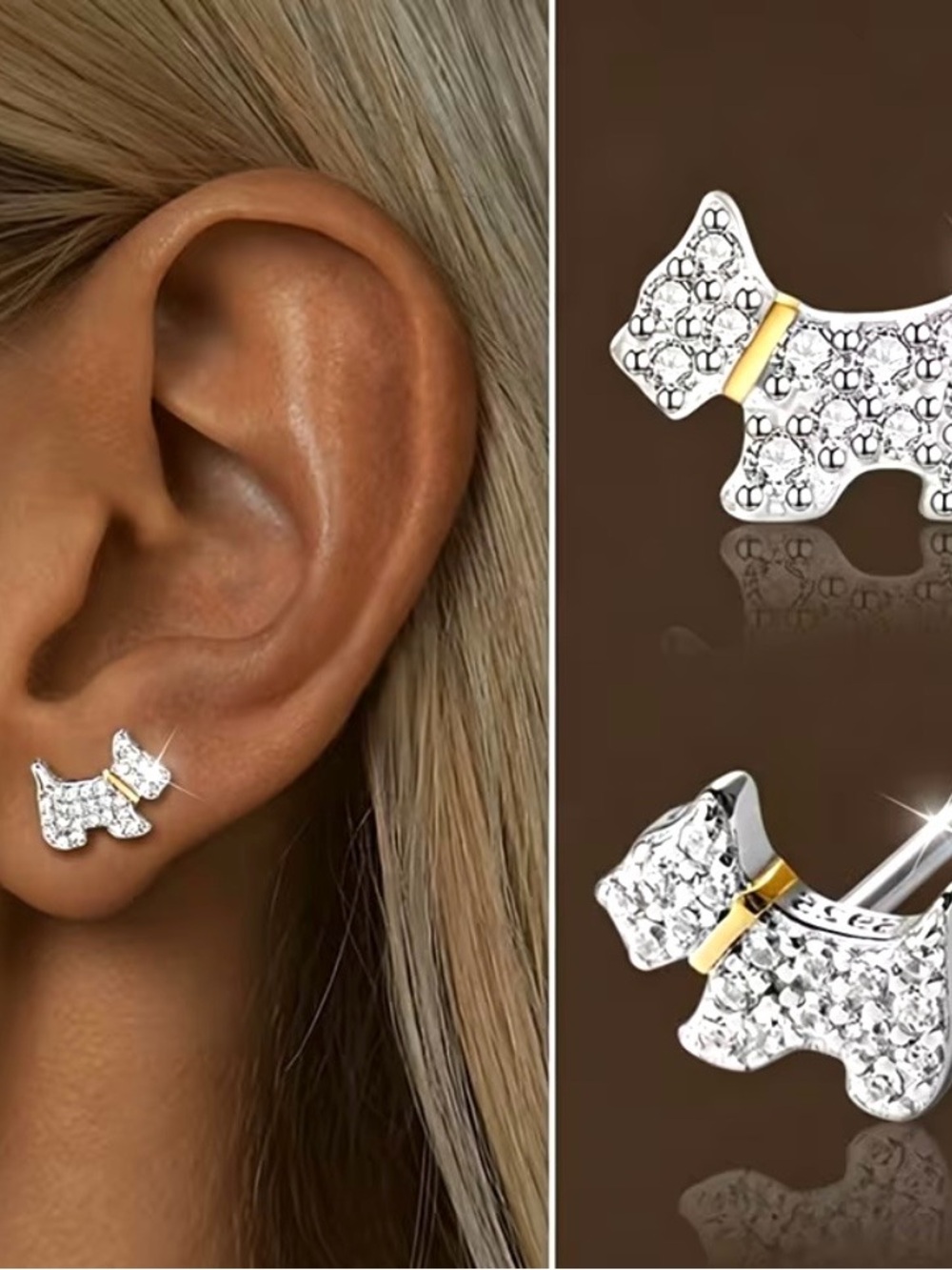 CZ Scottie Dog Stud Earrings - Silver and Gold Accent